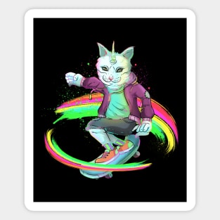 Rainbow Unicorn Cat Skateboarding Magnet